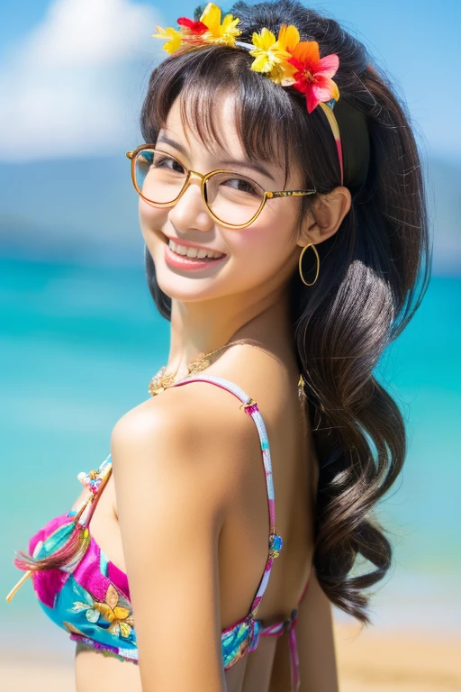 Highest quality、masterpiece、High sensitivity、High resolution、Detailed Description、One Woman、Slim Body、Glasses、Hula Girl、Hawaiian、