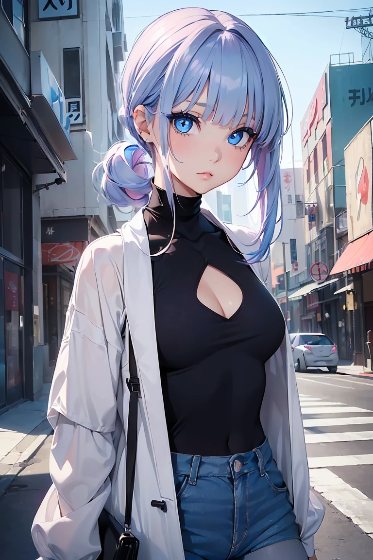 ((1 Girl)), Latest Fashion Trends,((whole body)), Shorts, pantyhose, Street fashion,cute, Medium Chest, Low Ponytail,sit,((Very detailed,Highest quality, High resolution, 8k wallpaper, Beautiful clothes,)),((Pastel colored hair, Shortcuts,Side Up, ((Asymmetrical bangs)) ,(Bright Blue Eyes),eye shadow, eyeliner,Glowing Eyes, Very detailed目, Complex eyes, Beautiful Eyes, 輝くBright Blue Eyes, 18-year-old girl