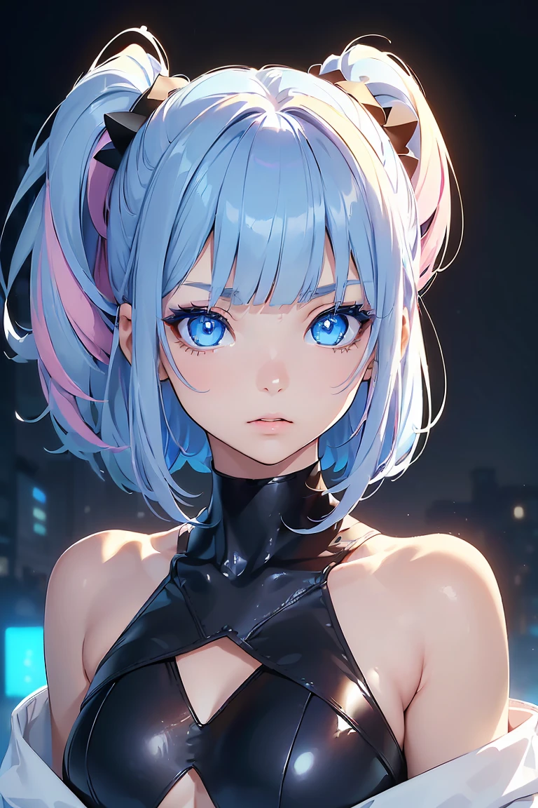 ((1 Girl)), Latest Fashion Trends,((whole body)), Shorts, pantyhose, Street fashion,cute, Medium Chest, Low Ponytail,sit,((Very detailed,Highest quality, High resolution, 8k wallpaper, Beautiful clothes,)),((Pastel colored hair, Shortcuts,Side Up, ((Asymmetrical bangs)) ,(Bright Blue Eyes),eye shadow, eyeliner,Glowing Eyes, Very detailed目, Complex eyes, Beautiful Eyes, 輝くBright Blue Eyes, 18-year-old girl