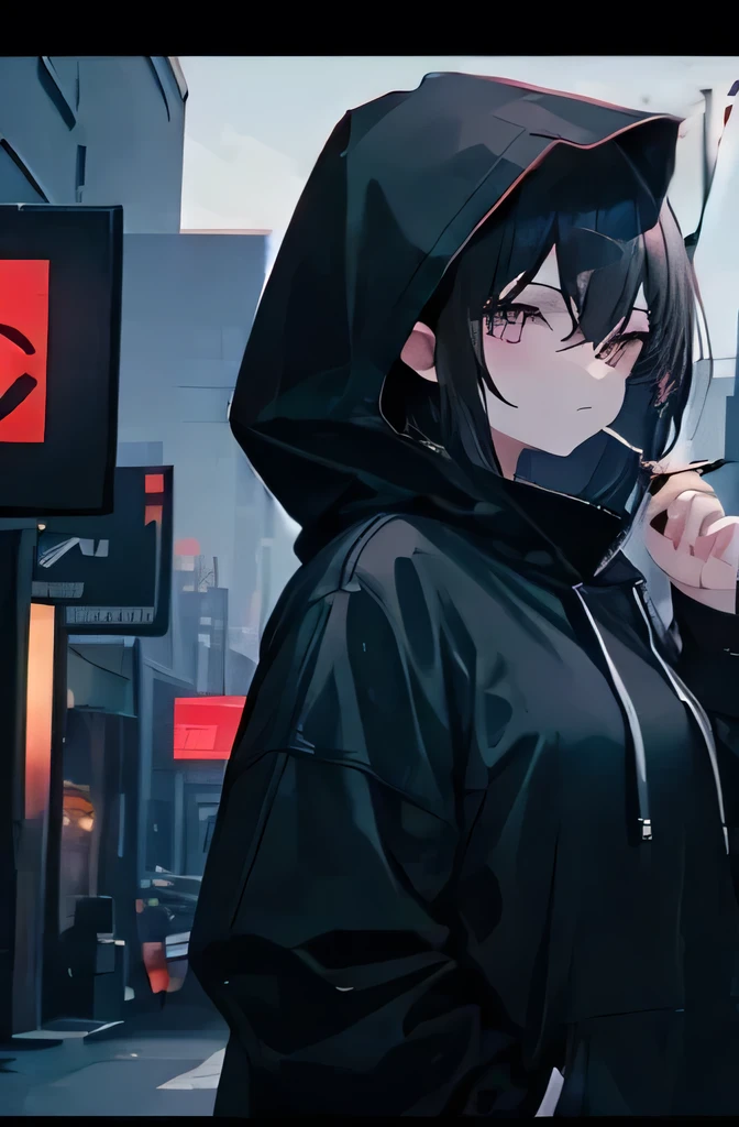 Night City、woman、Smoking a cigarette with his left hand、Wearing a black hood、Black Hair、Dark Eyes