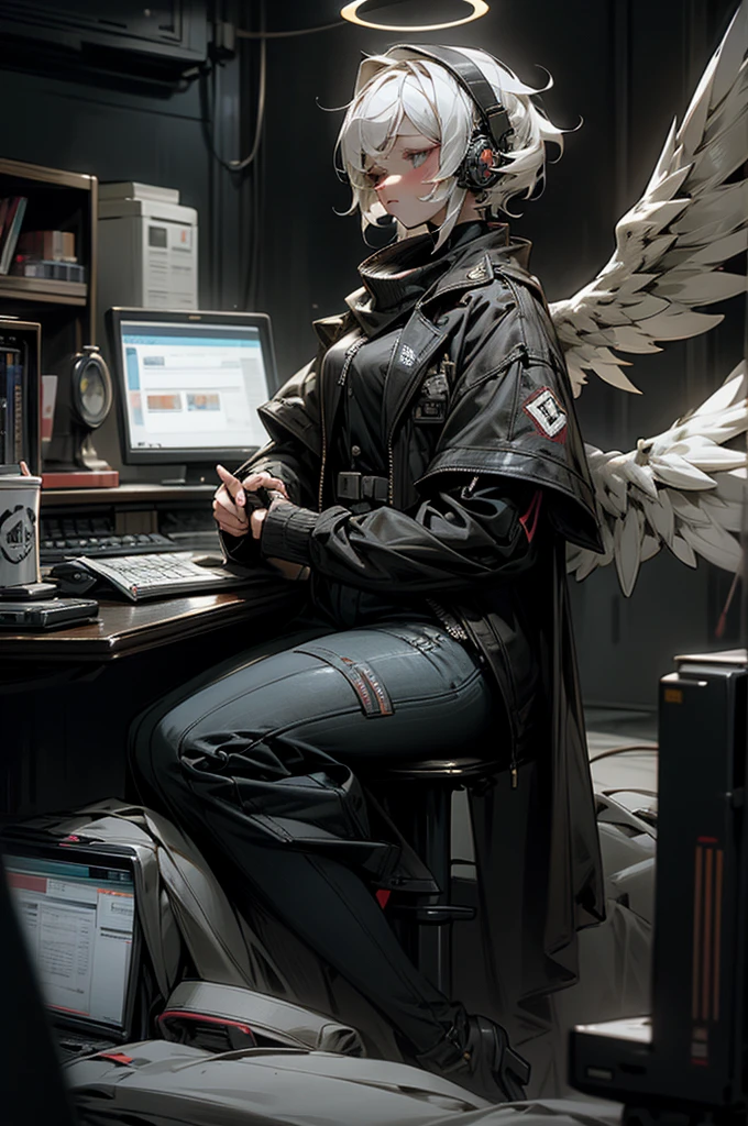 anime style, super fine illustration, highly detailed, dynamic angle, beautiful detailed, 8K, At night, in a dark room, Blake. A woman sits in front of her computer, unable to sleep. BREAK She is wearing a headset with a microphone and holding a video game controller, BREAK She is playing a game.God,Angel wings,goggles,God game,white hair,Angel Halo,perfect face,perfect hands,short hair,sharp eyes,perfect contoroller,Insanity,8k quality,Break on desktop,army jacket,coffee
