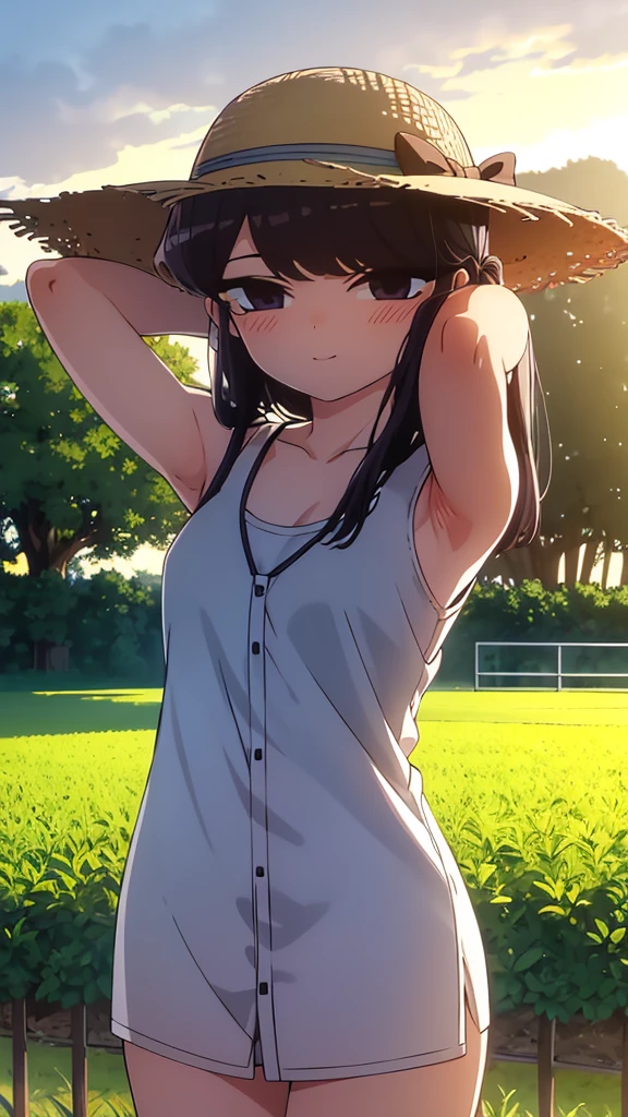 True Face stand alone afternoon bright from the front straight Low length Cowboy Shot Place your arms behind your head countryside Beautiful views Straw hat Please show me your armpit hair beauty blush Summer evening Paddy field Place your hands behind your head About elementary school students smile Sports Clothing