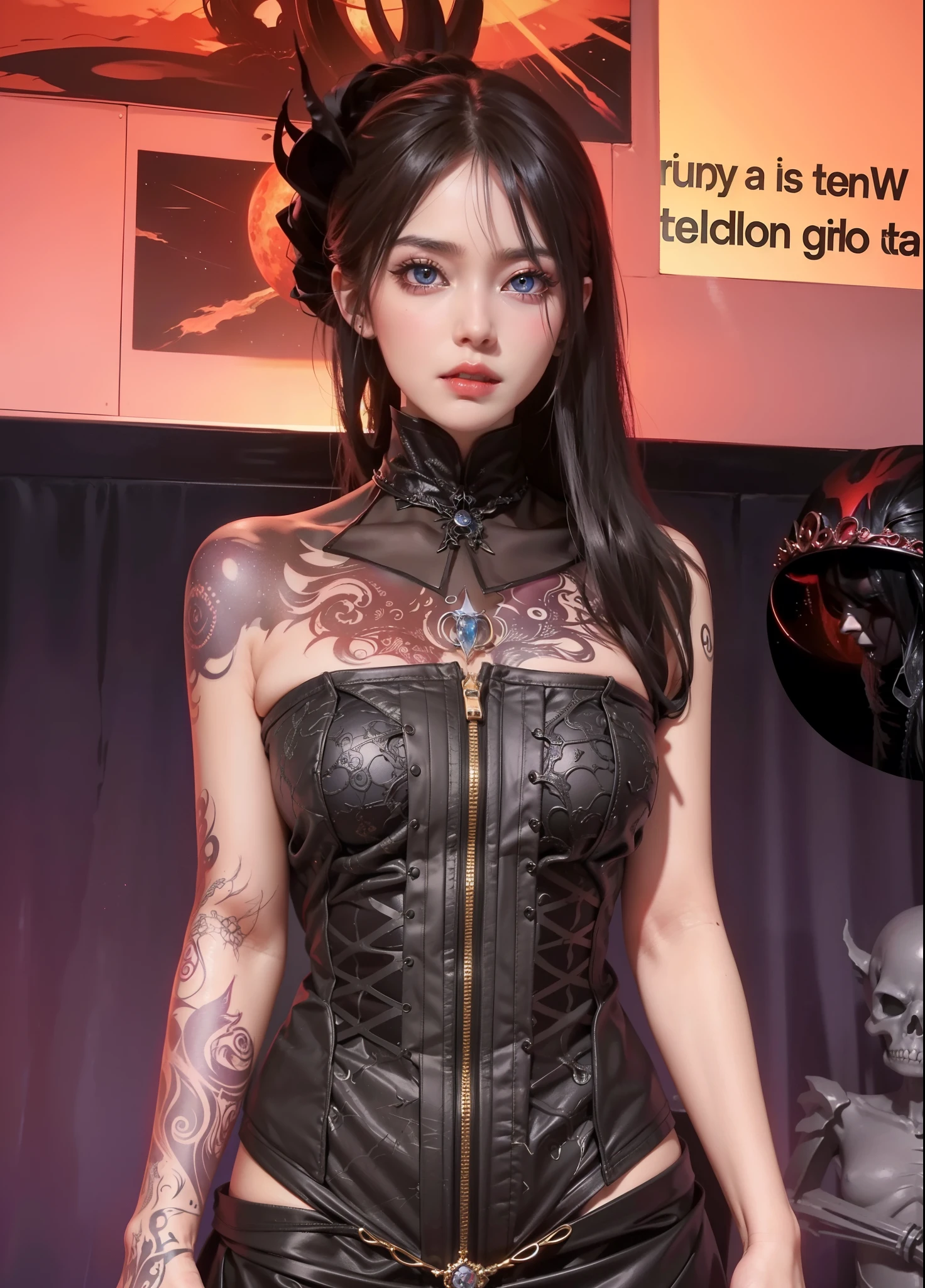 Detailed image quality,Pandora the Witch,wing, Succubus主题,堕落Angel,Excellent,scary,Secret Terror,Tentacles,With eyes,Uncanny Valley Effect,Beast Blood Moon,skeleton,vampire,Hellfire,Dark Queen,Angel,magician magic witch,Angel,Eyes are blue(Pupils as deep as the starry sky),Gorgeous tattoo designs all over the body,Succubus,Dark Queen,Gold Jewelry,Silk Wedding Dress,Ghost Bride,