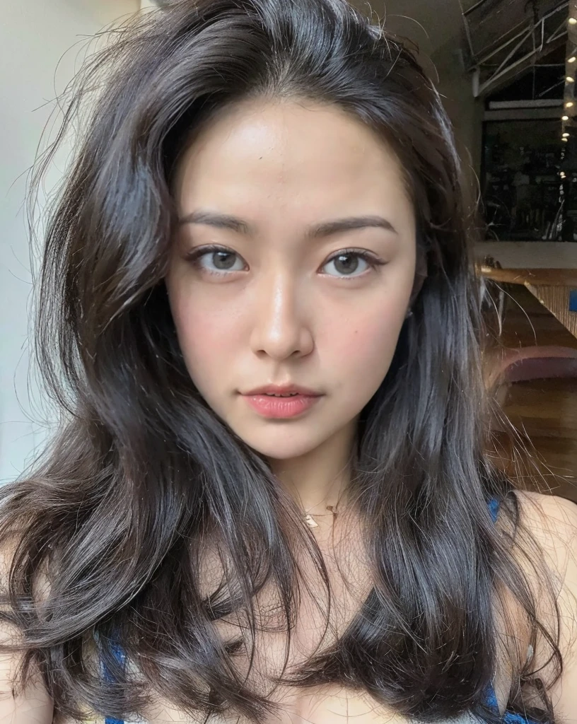 (best quality,8k,highres,masterpiece:1.2), realistic, photorealistic:1.37, UHD, studio lighting, sharp focus, extreme detail description, professional, vivid colors, bokeh, portraits, extremely detailed face texture, beautiful detailed eyes, beautiful detailed lips, extremely detailed hair, dark colored hair, youthful appearance, big round breast, cleavage, proportional eyes, seducing smile, clean and natural face, no makeup, bare face, indonesian face,