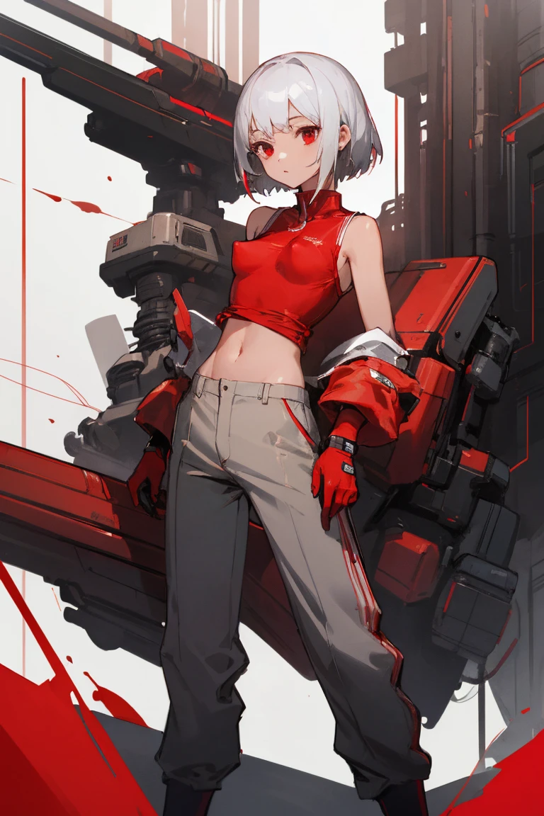 ((Highest quality)), ((masterpiece)), (Become familiar with), 1 girl, alone, Silver Hair,Brown Skin,Red eyes,Long trousers,Red sleeveless,((Red Shirt)),Clothes with a visible back, thin,thin,short hair,Small breasts, Erect nipples, gloves, cyber punk,sf