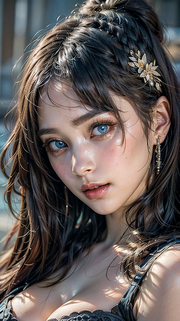 One girl, masterpiece, (Highest quality), 8K, Detailed skin texture, Detailed cloth texture, ((Beautifully detailed face:1.4)), Intricate details, Super detailed, Alice in Wonderland, (A ribbon on her head:1.1), ((Upper Body)),((Natural big breasts:1.2)),((Very beautiful big eyes))