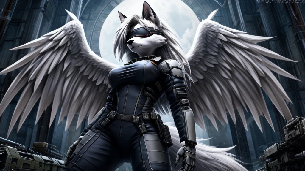 Loona from Helluva Boss, female white wolf, anthro, soft short white hair, blindfold, white color military grade combat suit, mechanical white wings, standing, serious, detailed, solo, beautiful, high quality, 4K