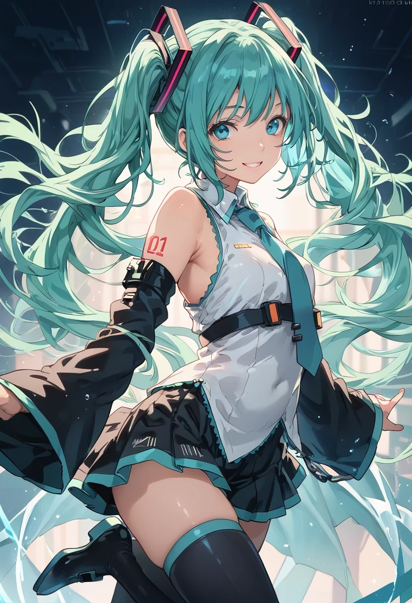 score_9, score_8_up, score_7_up, BREAK,
1 girl, smile, (Vocaloid), ((Hatsune Miku)), ((Blue blue-green hair)), (long hair), looking at the viewer, volume lighting, dynamic pose,Realistic