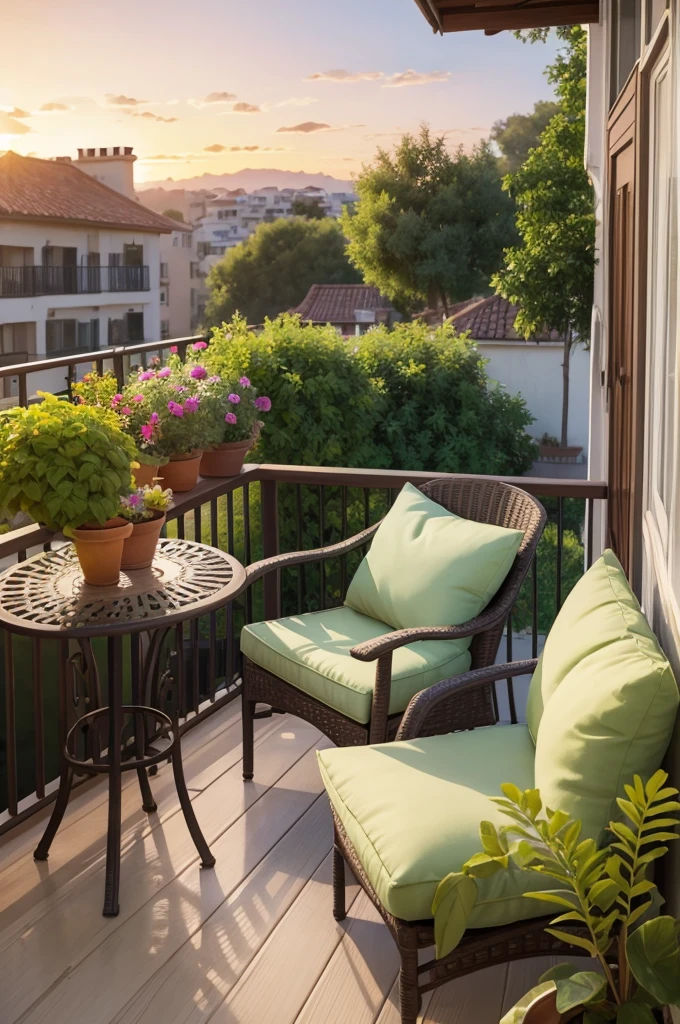 Watercolor digital art of a balcony with a beautiful armchair with green cushion and potted plants. Behind a beautiful sunset, and a green lawn with flowers and trees