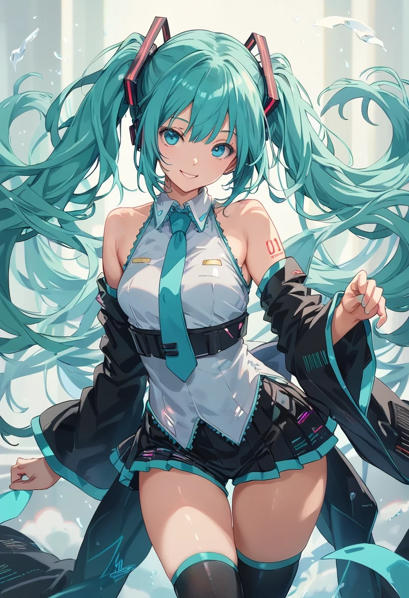 score_9, score_8_up, score_7_up, BREAK,
1 girl, smile, (Vocaloid), ((Hatsune Miku)), ((Blue blue-green hair)), (long hair), looking at the viewer, volume lighting, dynamic pose,Realistic