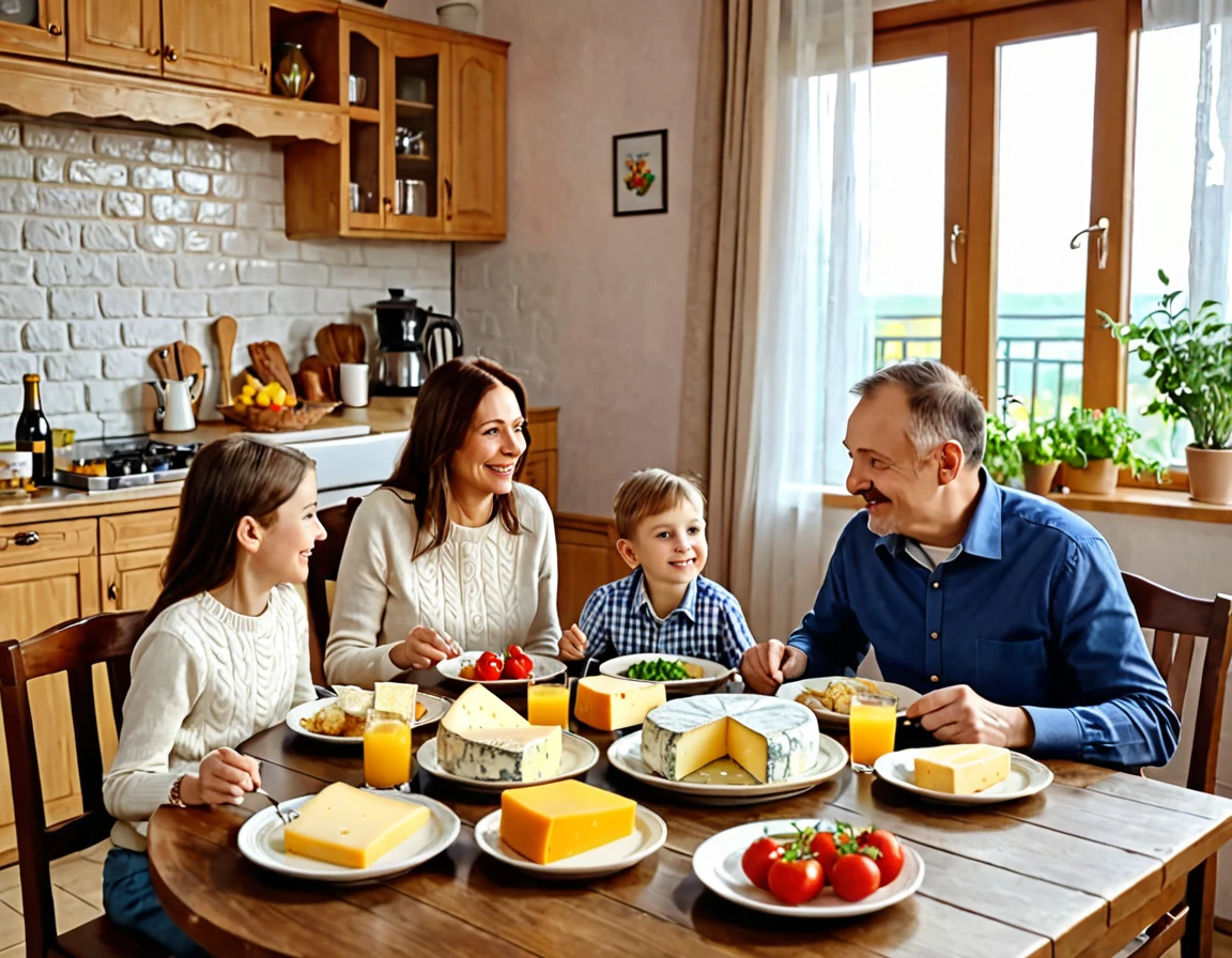 Family ((adult man and woman who are (over 45 years old)) and ((children boy and girl (12 years old each))) sitting at the table with food, Eating cheese, Warm and happy atmosphere, Good morning, Family dinner, delicious, cheese on the table, Noon, realistic