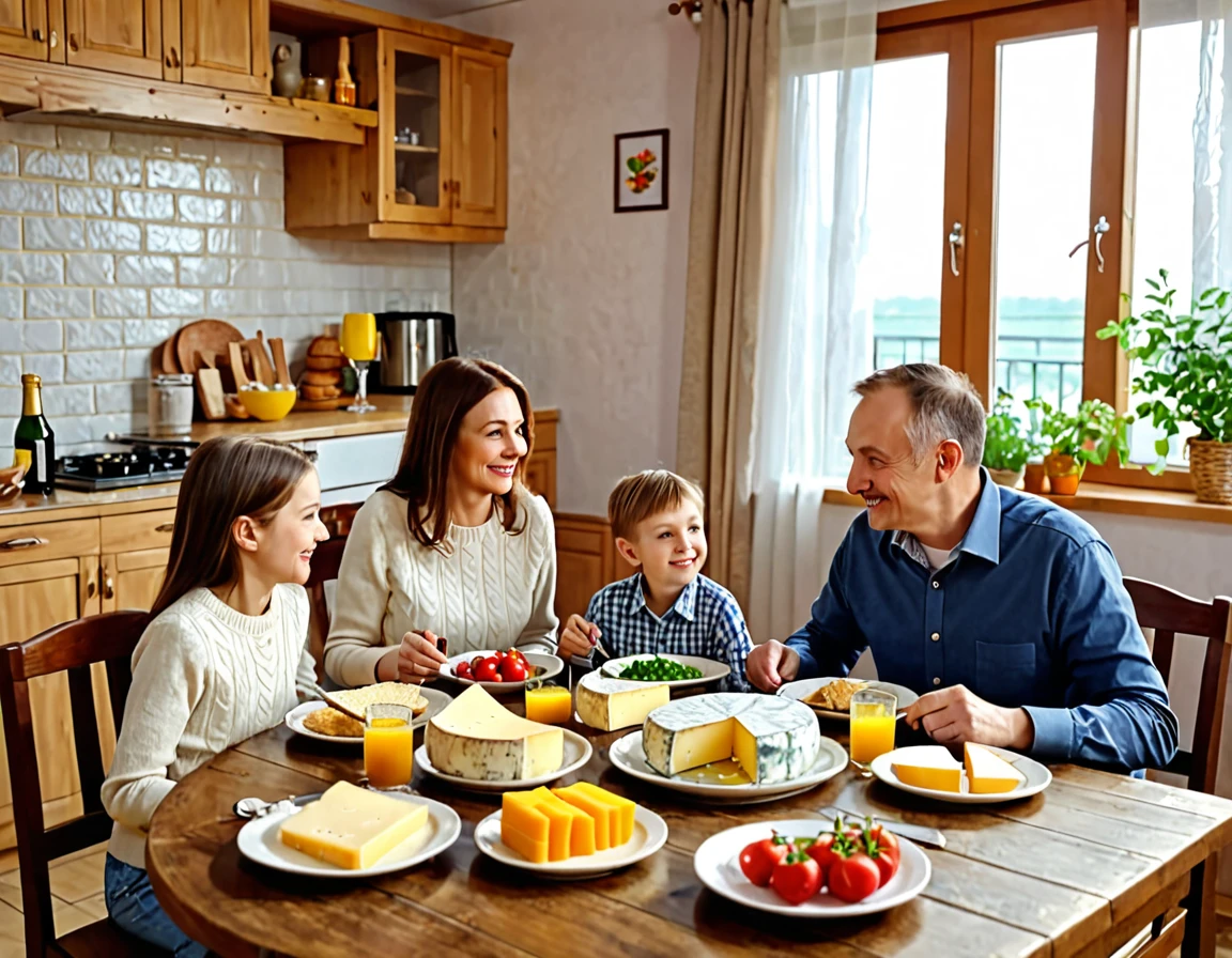 Family ((adult man and woman who are (over 45 years old)) and ((children boy and girl (12 years old each))) sitting at the table with food, Eating cheese, Warm and happy atmosphere, Good morning, Family dinner, delicious, cheese on the table, Noon, realistic