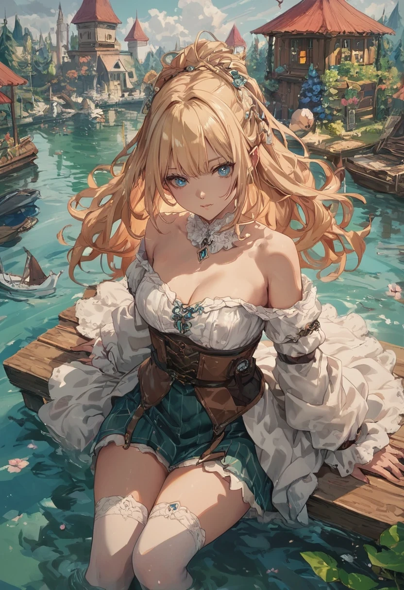 score_9, score_8_up, score_7_up, BREAK,
elf girl at the pier, (high fantasy, medieval:1.4), feudal society, lake town, waterfront, wooden boats, upper body, hands up