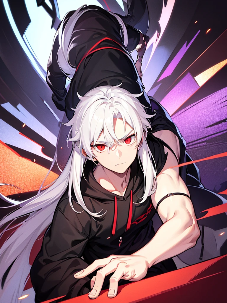 A front of a young man with white hair, red eyes and masculine face. Wearing a black hoodie with purple details. he is in a destroyed city, totally empty. Dungeons and Dragons art direction, studio ghibli Style, light brushstrokes