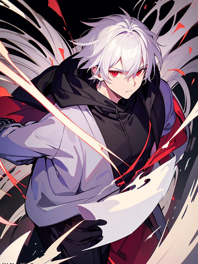 A front of a young man with white hair, red eyes and masculine face. Wearing a black hoodie with purple details. he is in a destroyed city, totally empty. Dungeons and Dragons art direction, studio ghibli Style, light brushstrokes