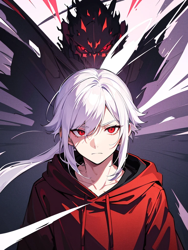 A front of a young man with white hair, red eyes and masculine face. Wearing a black hoodie with purple details. he is in a destroyed city, totally empty. Dungeons and Dragons art direction, studio ghibli Style, light brushstrokes