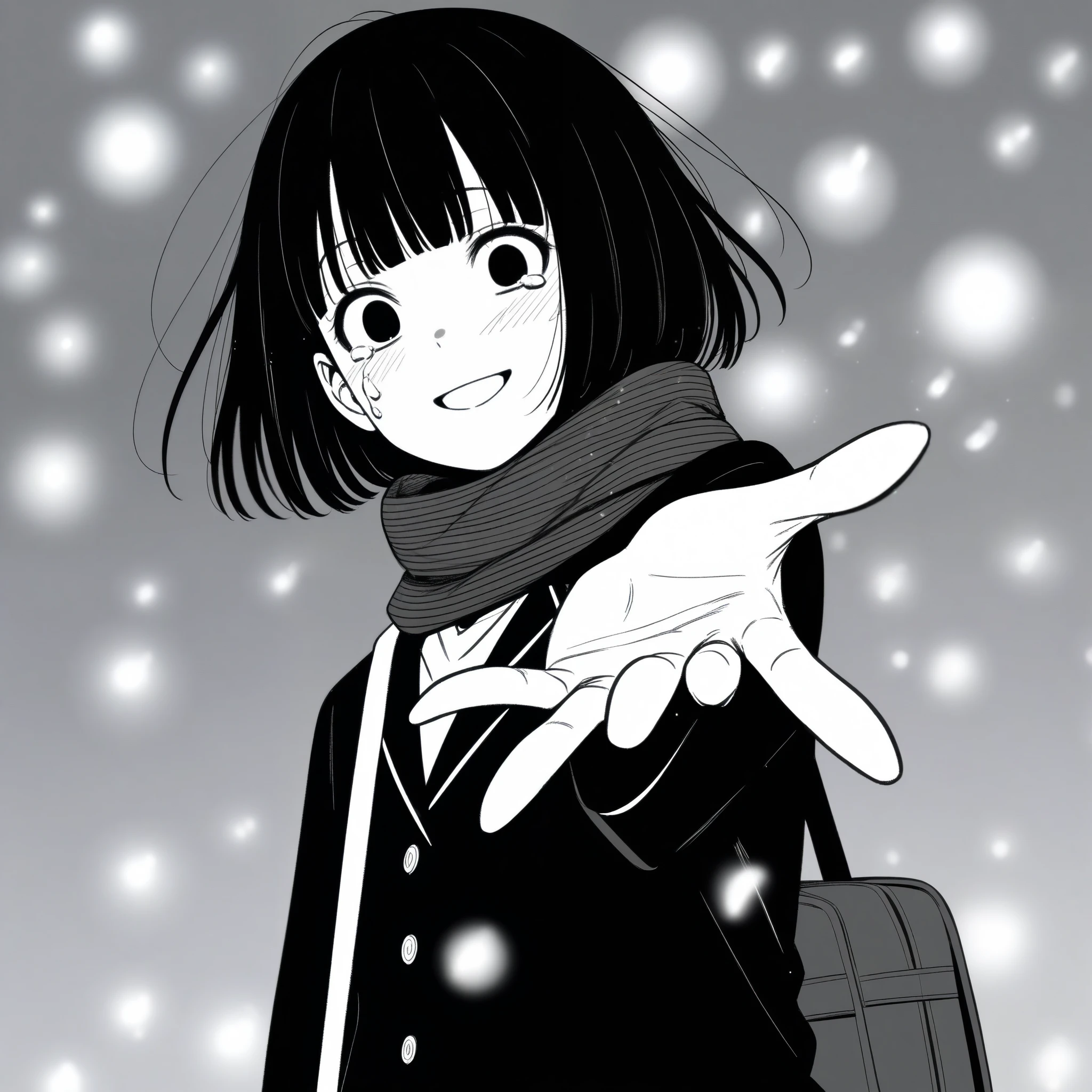 masterpiece, best quality, 1girl, mamerakkkkko, grayscale, manga style, japanese, chi no wadachi, black eyes, street, iced, black hair, schoolbag, smile, lineart, black coat, black scarf, black pleated skirt, leggins, centered, 18 years old, tall, fair skinned, bokeh background, crying, tears, tears streaming, bob cut, light particles, centered, snowing, (((reaching out left hand to viewer, perfect hand, detailed hand:1.1)), emotional anime scene
