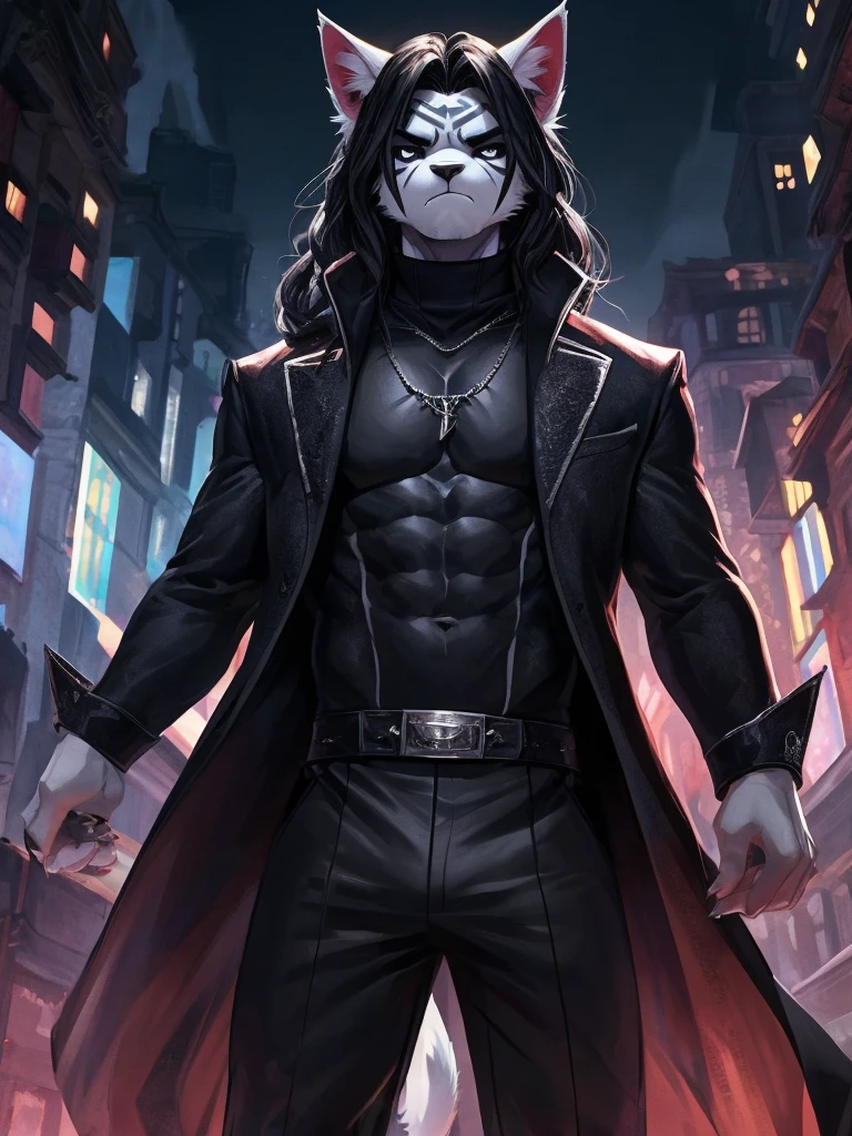 Ross Tran, ruan jia, trending on artstation, Male, (Male anthro cat:1.3), (Black fur with white fur patterns:1.1), (standing:1.3), (Foggy night city:1.23), (displeased expression:1.3), detailed eyes, black nose, (detailed eyes), (sharp white eyes), detailed background, 8k hd, (dark shadows, wide dynamic range, hdr, low light:1.2), (Lean physique), slight black eyeshadow, (Long wavy black hair), (black long coat, black turtleneck, silver necklace, black dress pants), ((Gothic)), dynamic pose