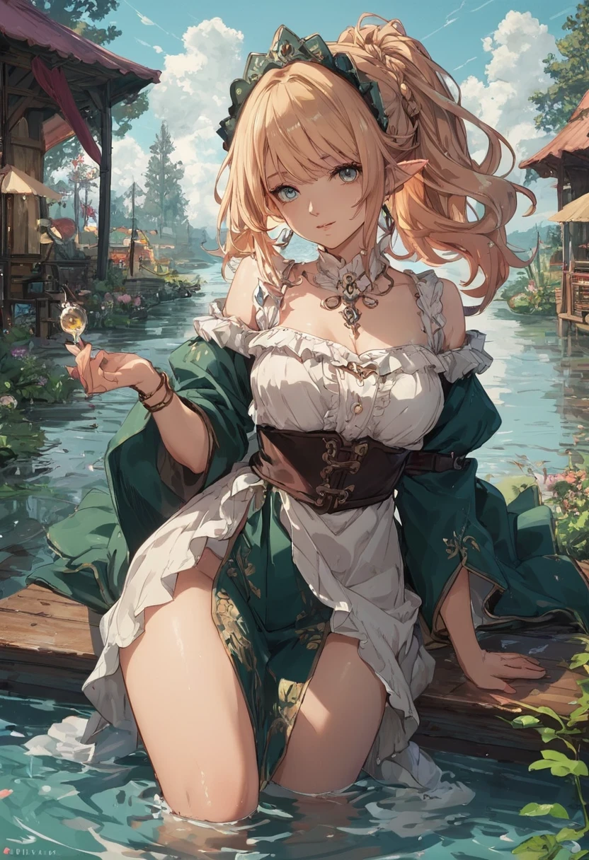 score_9, score_8_up, score_7_up, BREAK,
elf girl at the pier, (high fantasy, medieval:1.4), feudal society, lake town, waterfront, wooden boats, upper body, hands up