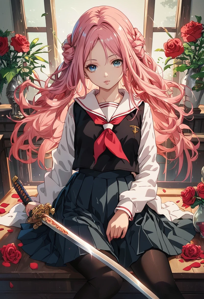score_9, score_8_up, score_7_up, BREAK,
upper body, camellia, flower, red_flower, red_rose, rose, sword, weapon, katana, 1girl, pink_rose, pink_flower, spider_lily, shoes, long_hair, school_uniform, serafuku, sheath, skirt, solo, holding_sword, sheathed, vase, looking_at_viewer, sitting, orange_flower, pleated_skirt, rose_petals, black_shirt, black_legwear, black_skirt, holding_sheath, hibiscus, very_long_hair, parted_lips, loafers, sailor_collar, black_hair, neckerchief,