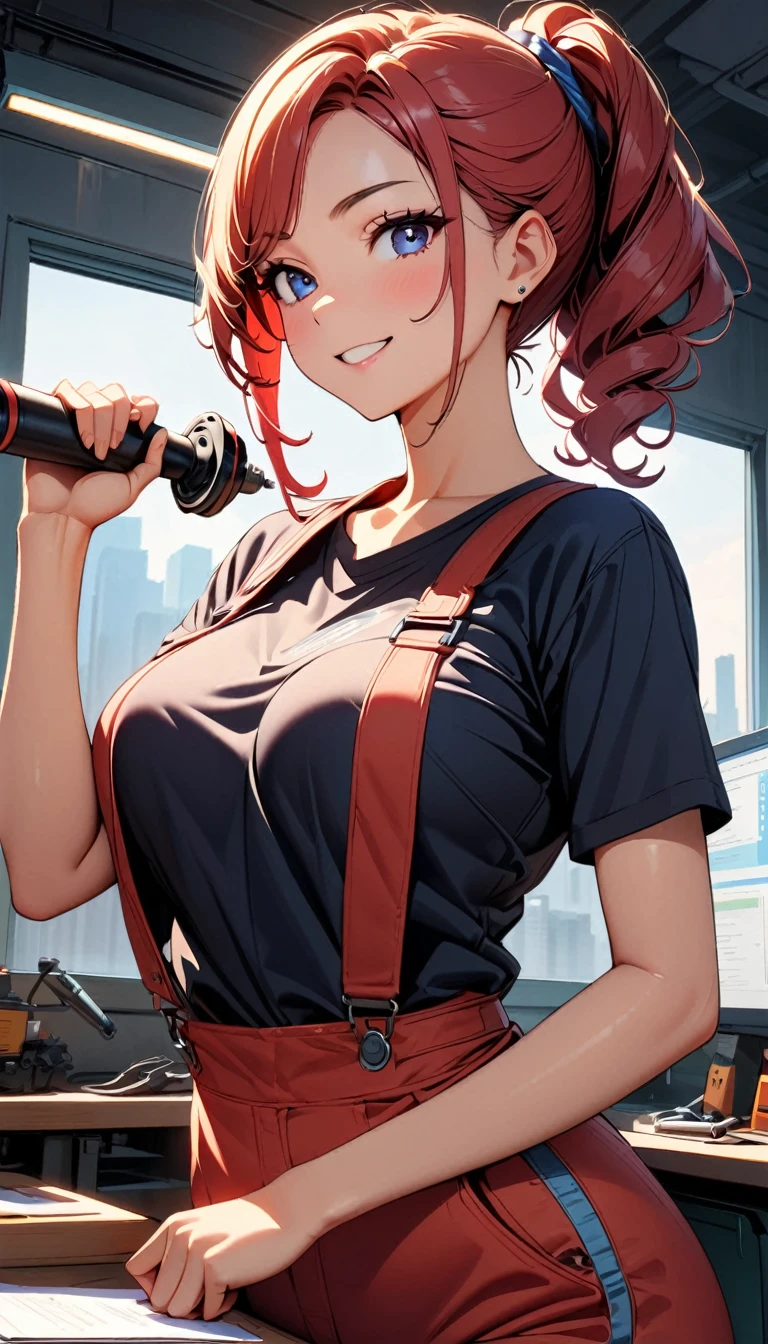 (highest quality:1.2, Very detailed, Latest, Vibrant, Ultra-high resolution, High Contrast, masterpiece:1.2, highest quality, Best aesthetics), Beautiful female mechanic, sexy, Work clothes, Overalls, Best Body Line, Beautiful detailed eyes, A professional and confident smile, Detailed facial features, Elegant hairstyle, Power tools, detailed machine, The work contents written on the wall, A neat and tidy desk, Precision work, Adorable,