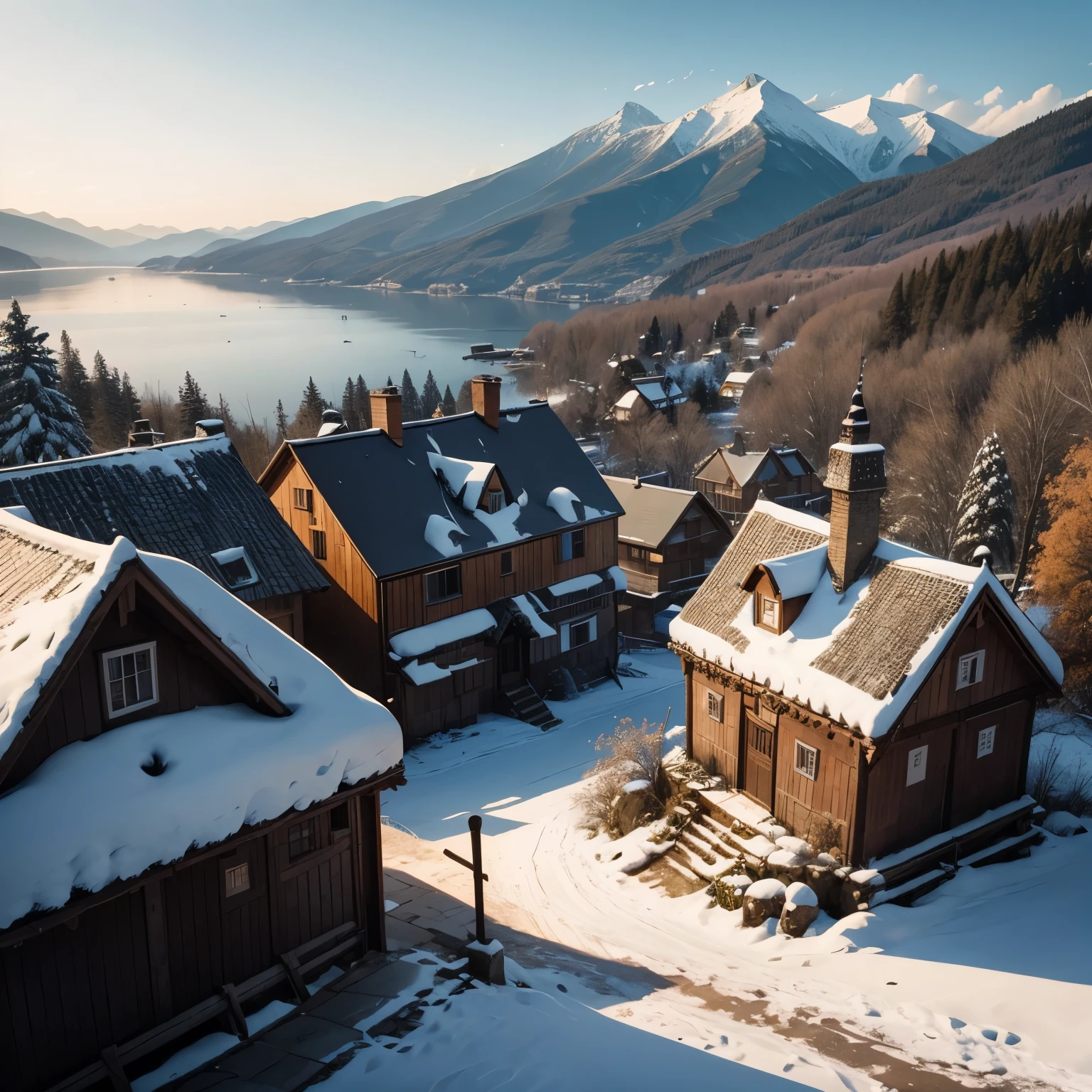 It was a small town in Vikings style surrounded by crumbling wooden walls. Within the courtyard were young people practicing swords, shields, and axes. A small castle made of wood and straw stood in the middle. Surrounding the city is surrounded by pine forests and mountains, slightly covered in snow. and is next to the seaside, cinematic light, bird eye view