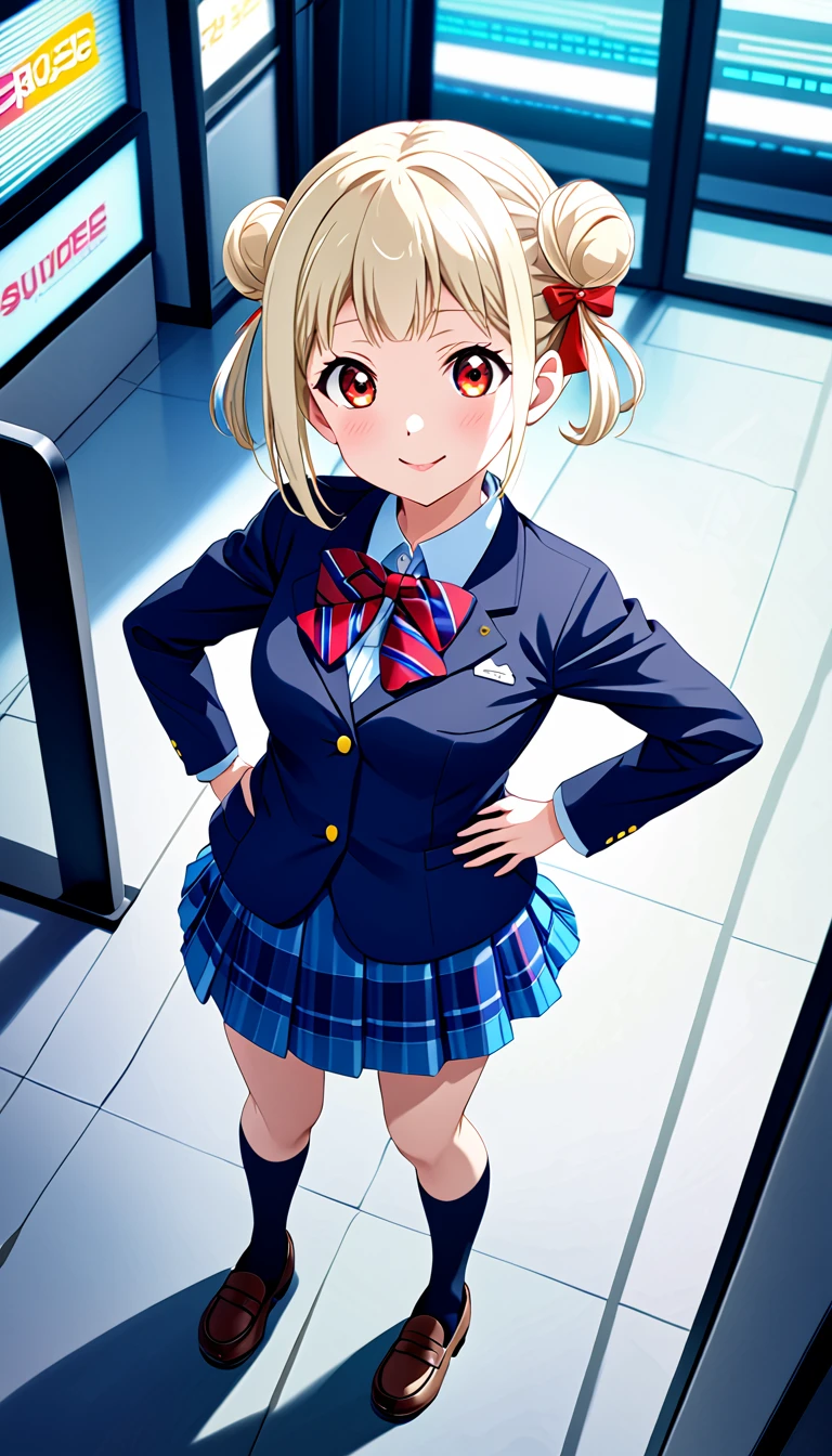 arashi chisato, love live! super star, long hair, bangs, (red eyes:1.3), twintails, white hair, blunt bangs, hair bun, double bun,break,wearing otonokizaka winter uniform, red striped bow tie, navy blue blazer, blue striped skirt,socks,loafers,standing,put hands on hip,from above,cowboy shot,closed mouth,in akihabara station :d, (1girl), (solo),BREAK score_9, score_8_up, score_7_up, score_6_up, source_anime