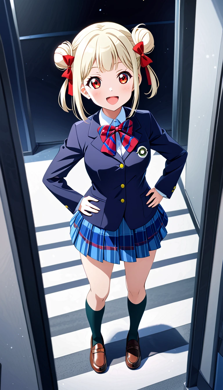 arashi chisato, love live! super star, long hair, bangs, (red eyes:1.3), twintails, white hair, blunt bangs, hair bun, double bun,break,wearing otonokizaka winter uniform, red striped bow tie, navy blue blazer, blue striped skirt,socks,loafers,standing,put hands on hip,from above,cowboy shot,closed mouth,in akihabara station :d, (1girl), (solo),BREAK score_9, score_8_up, score_7_up, score_6_up, source_anime