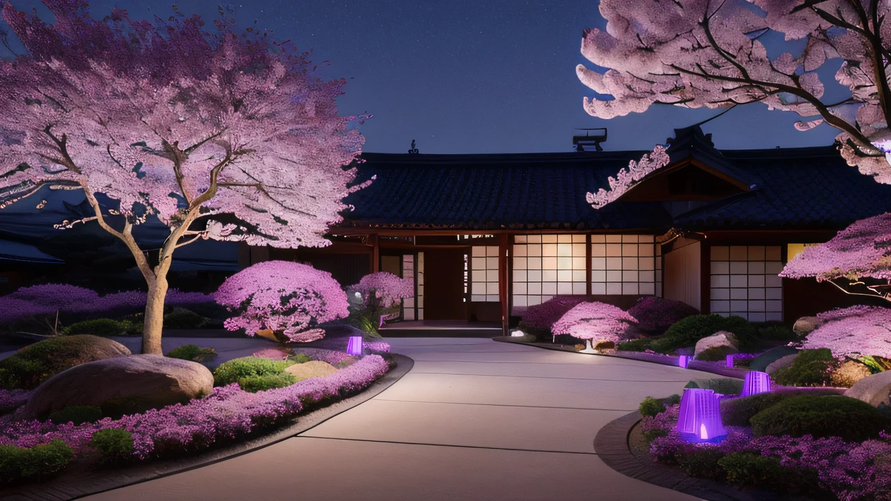 masterpiece, Very detailed, Perfect quality, Most detailed, Ray Tracing, 8K, Purple cherry blossom, Japanese garden, peaceful, night, full moon, performer, 1 frame, Purple Theme, Purple glow