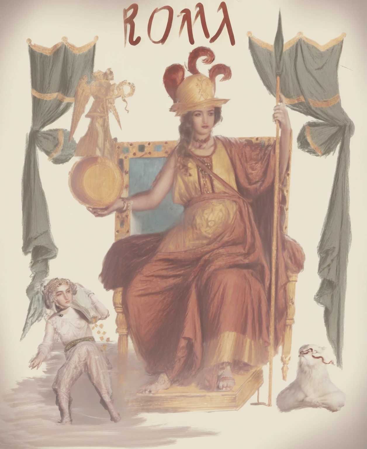 arafed drawing of a woman sitting on a throne with a dog, the greek goddess aphrotite, hermes trismegistus, the god athena, personification of greed, the god hermes, the justice tarot card, an alchemical art illustration, the god hephaestus, allegorical, hecate, the fool tarot illustration