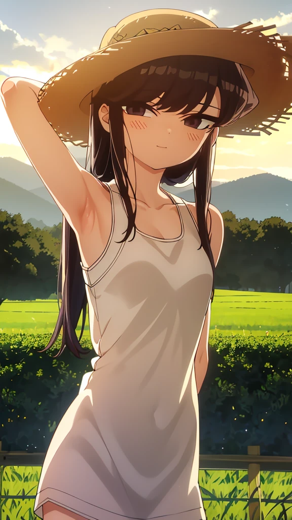 True Face stand alone afternoon bright from the front straight Low length Cowboy Shot Place your arms behind your head countryside Beautiful views Straw hat Please show me your armpit hair beauty blush Summer evening Paddy field Place your hands behind your head About elementary school students smile tank top only