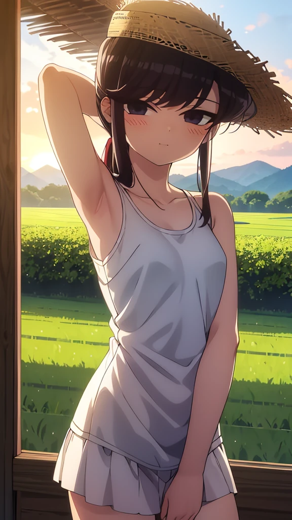True Face stand alone afternoon bright from the front straight Low length Cowboy Shot Place your arms behind your head countryside Beautiful views Straw hat Please show me your armpit hair beauty blush Summer evening Paddy field Place your hands behind your head About elementary school students smile tank top only