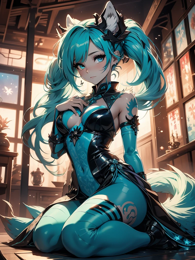  The best quality ((Masterpiece)) high definition Miku Hatsune x vixen high definition add_detail:1, blue fur,kitsune ears, tribal tattoo add_detail:1, pretty girl add_detail:1, feudal priestess clothing add_detail:1, japanese shrine landscape add_detail:1, japanese shrine costume add_detail:1, add_detail:1, full body add_detail, highly detailed face, deep aqua iris add_detail:1