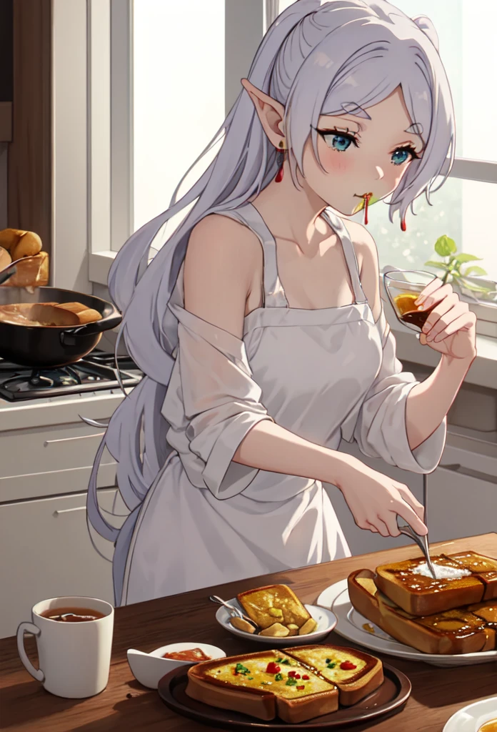 Highest quality, masterpiece, High resolution, alone, (Freezing_sousounoFreezing:1.10), One girl, Fairy, jewelry, Upper Body,  , anime_style, 24 、Scene Settings: Frielen eating French toast in the kitchen bathed in the soft morning light.、Freiren eating French toast。She is dressed in relaxed everyday clothing.、From this appearance, it seems that they are enjoying a quiet morning.。The kitchen has a warm atmosphere.、You can feel the warmth of home.。

Before her、Savory toasted French toast on a plate。The toast is lightly sprinkled with powdered sugar、The butter melts and spreads。Next to it is fruit drizzled in maple syrup.、It&#39;s colorful。Freiren uses a knife and fork、Cut the French toast into bite-sized pieces、I&#39;m slowly savoring it。

On Freiren&#39;s face、The image depicts a calm expression that evokes the tranquility of morning and the joy of dining.。Her silver hair sparkles in the morning light、The Qing々The whole kitchen is filled with a lovely atmosphere.。In the garden seen from the window、Flowers wet with morning dew々is in full bloom、I can hear the birds chirping.。

On the table、There is also a cup of hot tea.、She enjoys the aroma between meals.。In the background、I can see the dishes and seasonings lined up on the kitchen shelves.、The homely atmosphere is emphasized。The whole room was filled with the silence and warmth of the morning.、Among them, Frieren is truly relaxed.。

Her movements are graceful、Each movement exudes calm and ease.。The sweet aroma of French toast fills the room.、That moment fills her heart.。Her eyes were on the French toast.、I am savoring the deliciousness.。