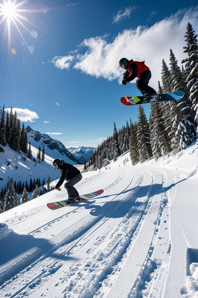 A man rides a snowboard from a snowy mountain in sunny weather