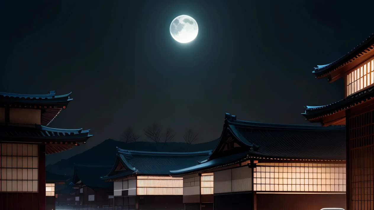 Moon over Japanese buildings, photograph, high quality