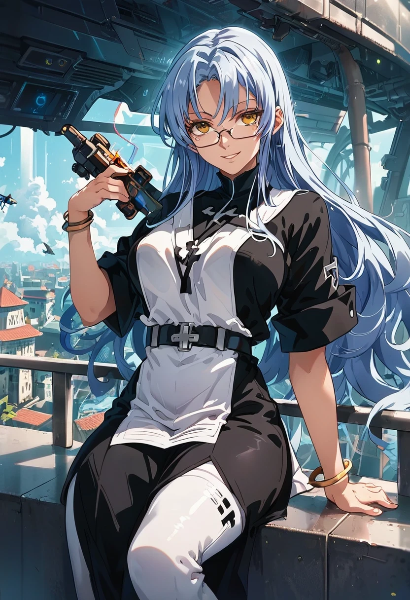 score_9, score_8_up, score_7_up, BREAK,
A woman with elements of Esdeath, Nami, and Katsuragi Misato, with jet black hair fading to sapphire blue with silver hair tips in a haircut that combines a long mullet and V-cut, golden eyes with an innocent smile, clothing with elements of wuxia, nuns, Native Americans, Romans, an office setting, and inventing a skirt that combines layered skirts and a wrap skirt, clothing in white, red, cinnamon colors with holographic accessories and elements, sitting on a balcony appreciating a futuristic city with cyberpunk elements at night, holding a futuristic weapon or technological device, with a symbol or inscription on the clothing, a bracelet with ancient runes, cybernetic eyes, simple cyberpunk glasses, and small tattoos on her neck that match the theme of her clothing, adding glasses and a cybernetic arm implant.