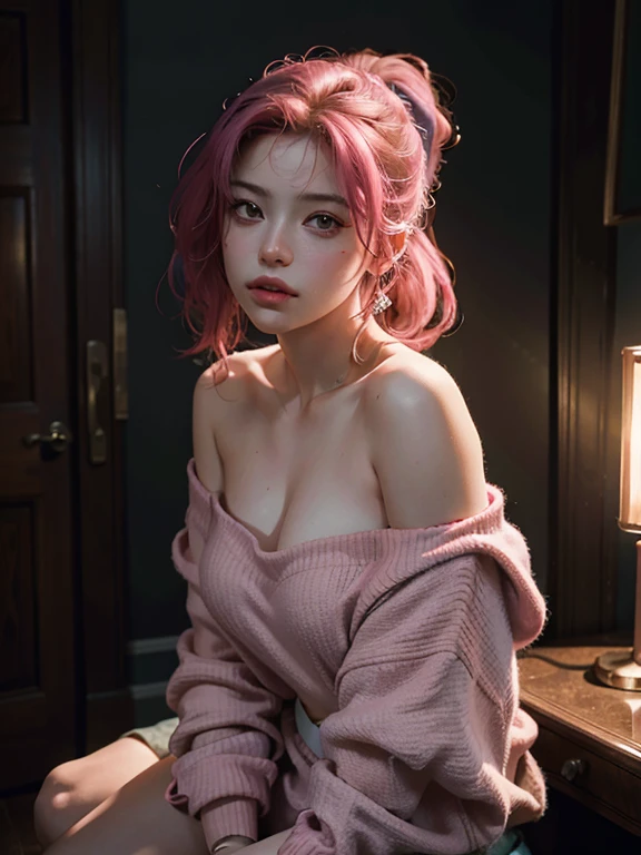 masterpiece, best quality, illustration, bun pink hair, sexy open mouth,touch her own breast