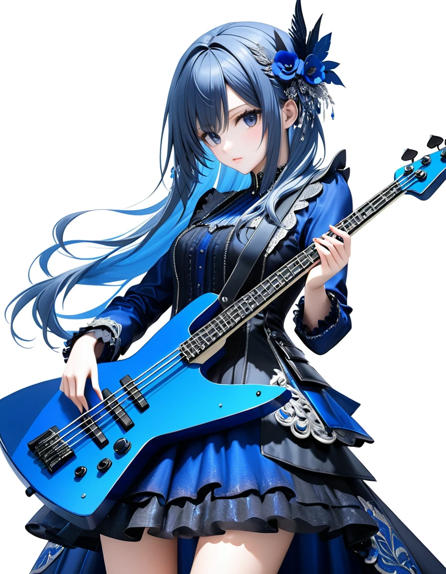 (((White background:1.5)))、(very wide shot)、(((Instruments reflect the whole:1.2))）,(masterpiece、Ultra HD、Highest quality、Masterpiece、４K:1.2)、Slender body、Holding a black electric bass,Scandinavian Metal Girl,  Intricate details, Highly detailed eyes, Highly detailed fingers、Blue semi-long hair、Blue Gothic Dress, Intricate details、Are standing、Dynamic pose、profile
