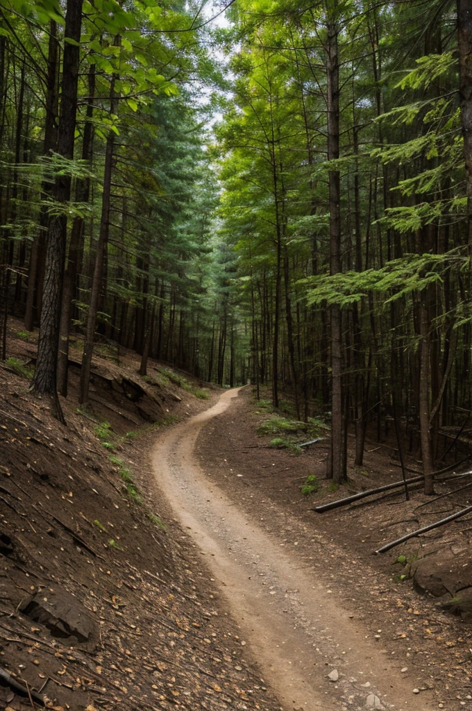 A straight, well-lit trail with dark switchbacks