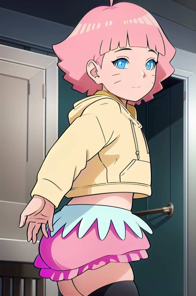 1girl, himawari, tight yellow hoodie, short pink skirt, tight black stockings, thick and juicy thighs, round and extremely fleshy ass cheeks, wide hips, indoors, masterpiece, best quality, detailed