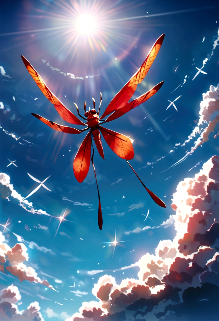 red dragon flies in the sky on a clear day, sunlight