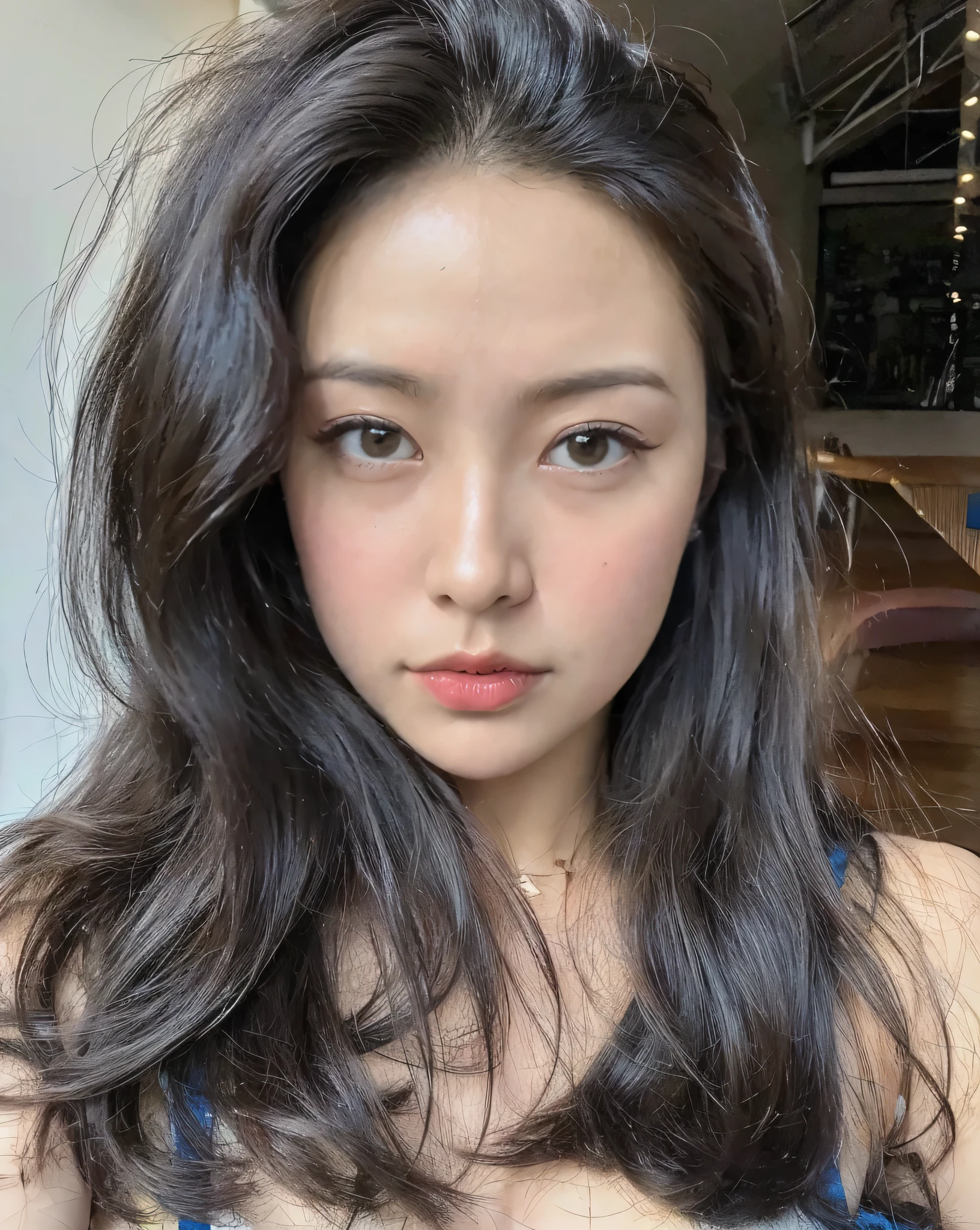 (best quality,8k,highres,masterpiece:1.2), realistic, photorealistic:1.37, UHD, studio lighting, sharp focus, extreme detail description, professional, vivid colors, bokeh, portraits, extremely detailed face texture, beautiful detailed eyes, beautiful detailed lips, extremely detailed hair, dark colored hair, youthful appearance, big round breast, cleavage, proportional eyes, seducing smile, clean and natural face, no makeup, bare face, indonesian face,