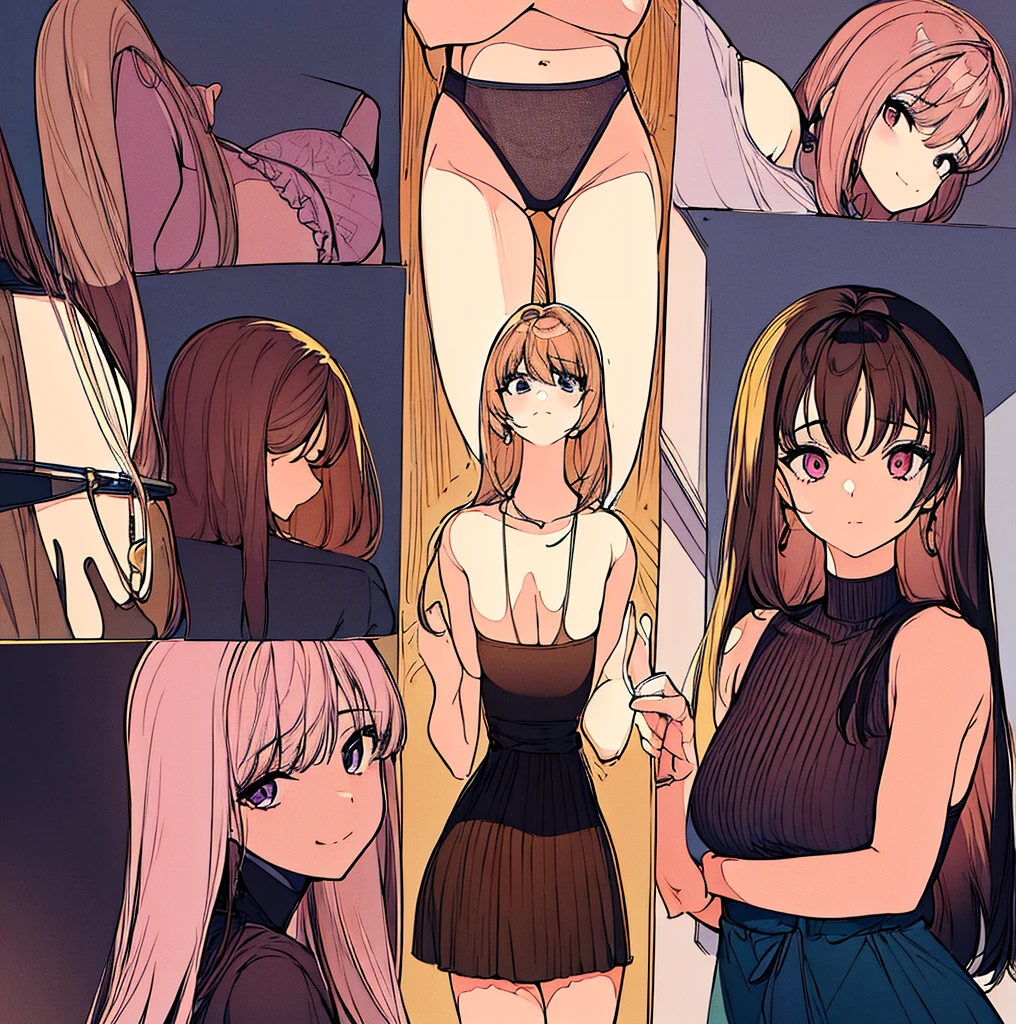 four pictures with different expressions in the same drawing style each shows one woman and two other girls, a few cartoon images of the same female character that i'm not sure what this is, a young girl touching her stomach and her breasts, a collection of sketches of several women, two pages show a woman in underwear next to another girl wearing a thongy panties