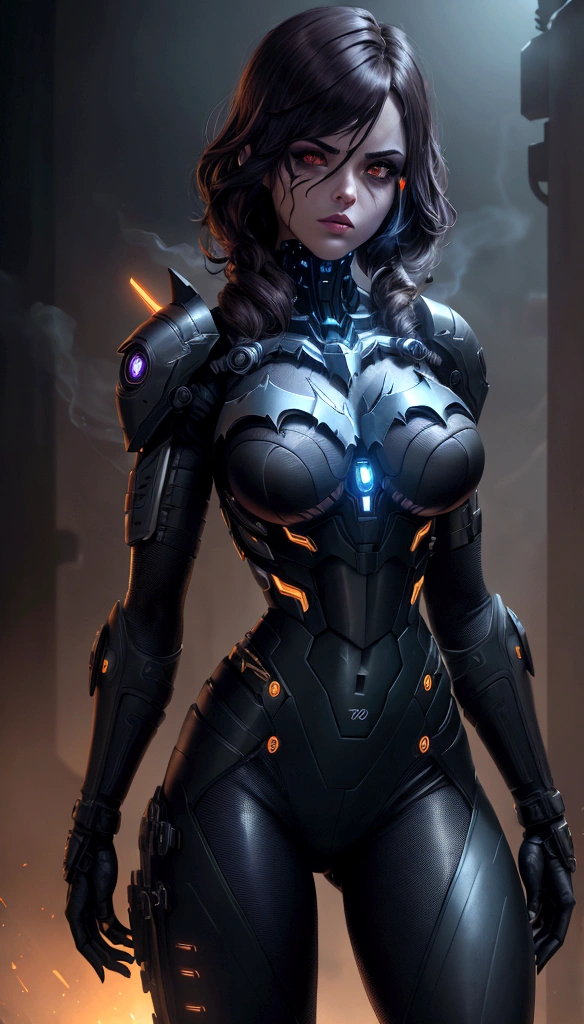 Linda mulher guerreira cyborg em estilo mágico enferrujado, Cyberpunk Rise, Cyberware, cyborg, carbon fibers, chrome, implants, metal skull, Cybernetic plate armor, (dark atmospher:1.2), (haze & smoke rising), (it's dark night:1.3), The scars, (medium length shaggy dark hair:1.1), (eye shadows:1.1), (beautifully detailed glow:1.2), (cinematic lighting), details Intricate, A high resolution, rounded eyes, detailed facial features, sharp focus, smooth ass, Aesthetics, Industrial plant detailed dark background, stylish pose, dynamic poses, (dramatic painting)
