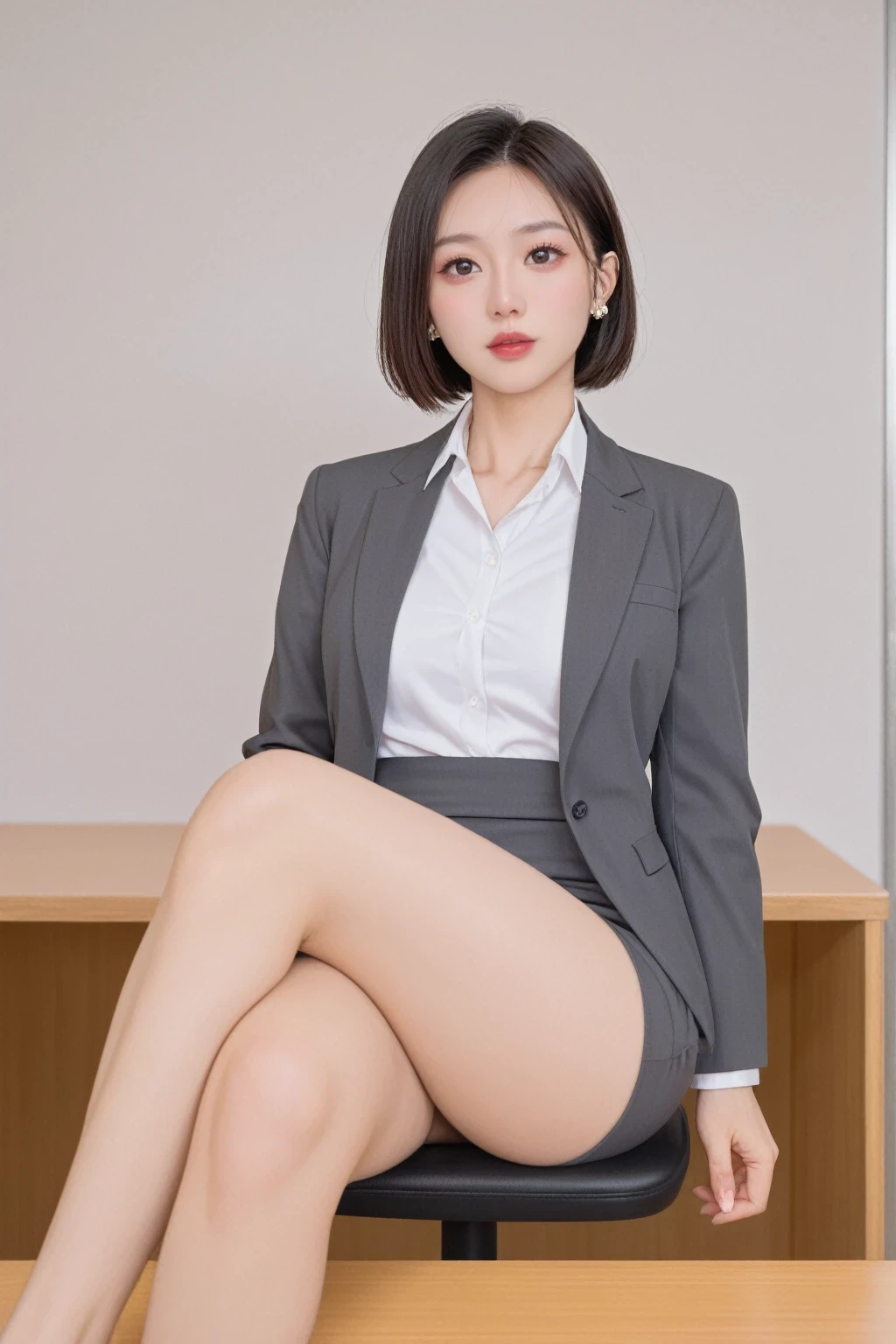 score_9, score_8_up, score_7_up, BREAK,
 (top-quality, 8K, 32k, master part, uhd: 1.2), 1 girl, beautiful Japan woman, Waist slender, shining skin, gray suit, open jacket, office lady, suit, mini skirt, s office, tabletop, (cross legs: 1.2), fine face, short hair,