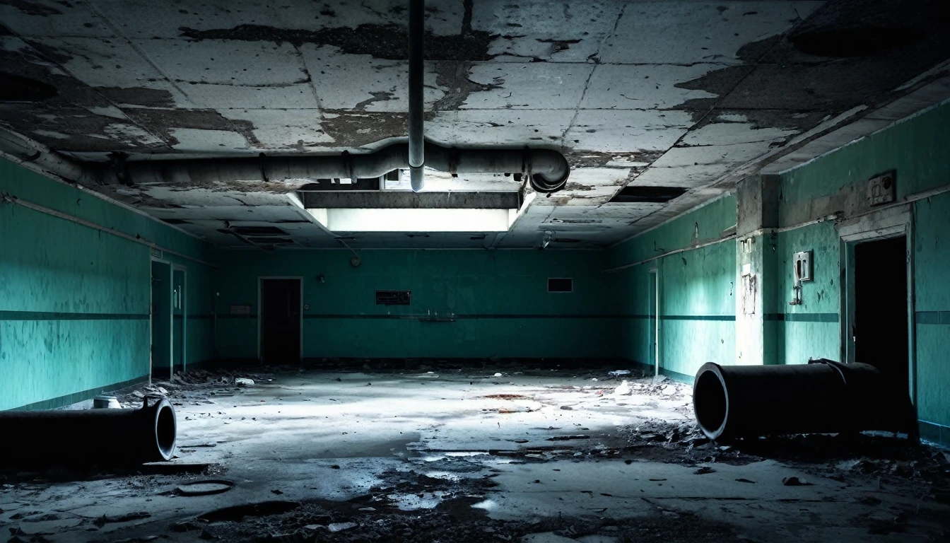 second floor of an abandoned hospital, rotting, concrete pipe on the ceiling, macabre, dark sinister environment