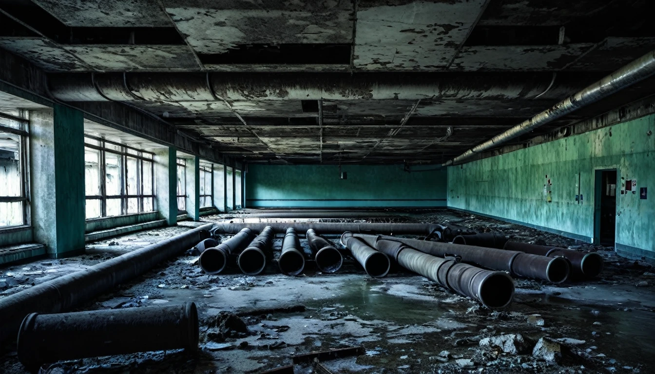 second floor of an abandoned hospital, rotting, concrete pipe on the ceiling, macabre, dark sinister environment