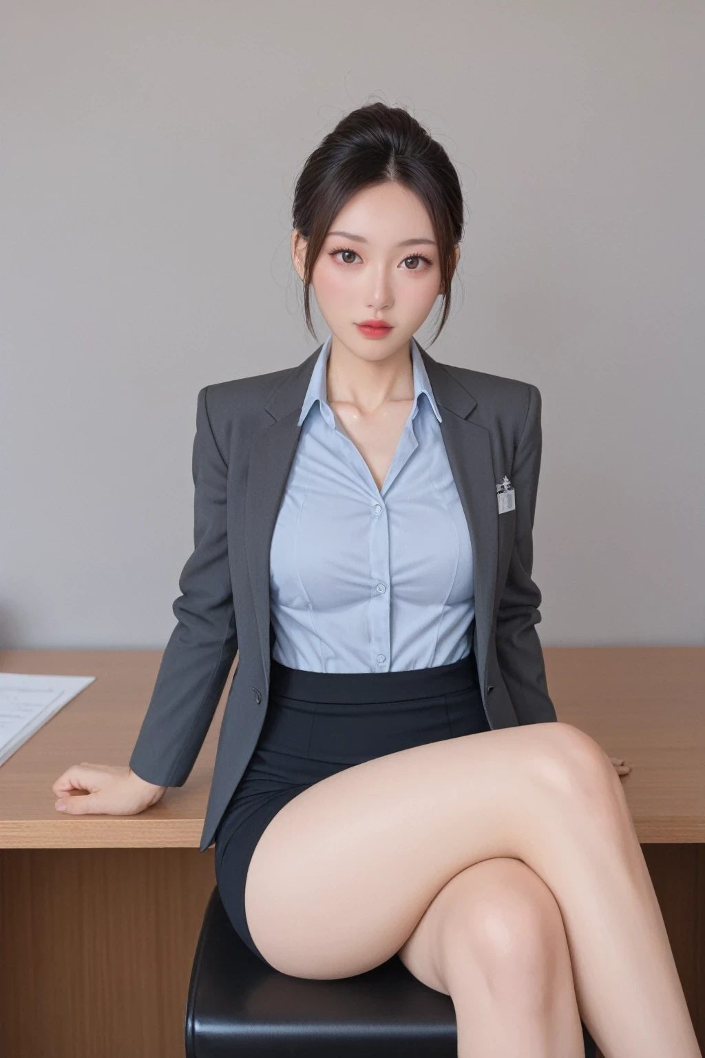 score_9, score_8_up, score_7_up, BREAK,
 (top-quality, 8K, 32k, master part, uhd: 1.2), 1 girl, beautiful Japan woman, Waist slender, shining skin, gray suit, open jacket, office lady, suit, mini skirt, s office, tabletop, (cross legs: 1.2), fine face, short hair,