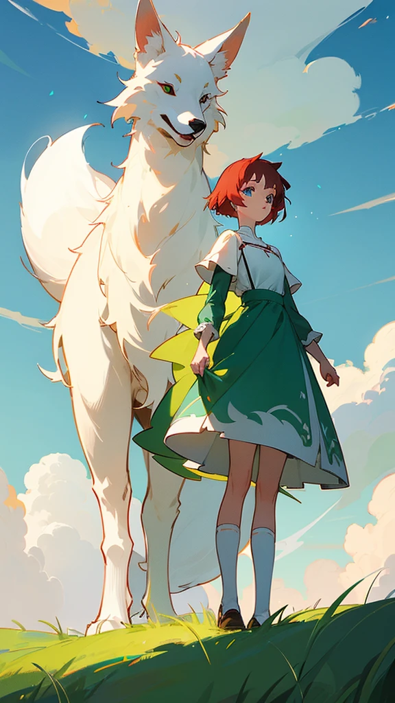 A giant white fox with a red tail and blue eyes, a girl with a vegetable dress and short red hair and white skin is standing next to the fox, both of them are standing on a green hill and staring at the big plain in front of them, in the style of Ghibli anime colors. Sparkling cumulus clouds